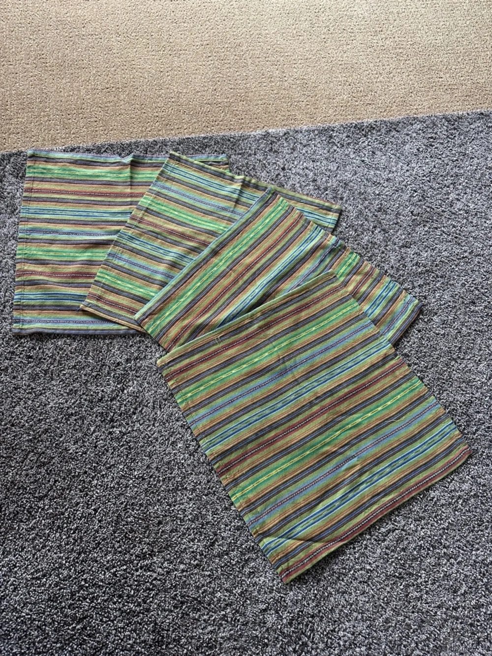 Handmade Authentic Guatemalan Green Stripe Multicolored set of 4 Cotton Napkins